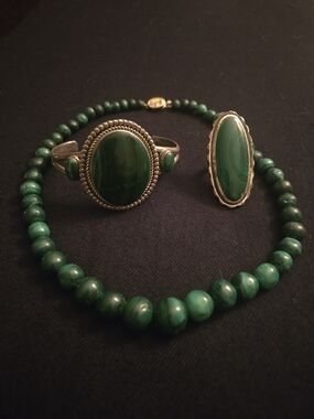 Malachite Necklace Sterling Silver Cuff Bracelet & Navajo Ring